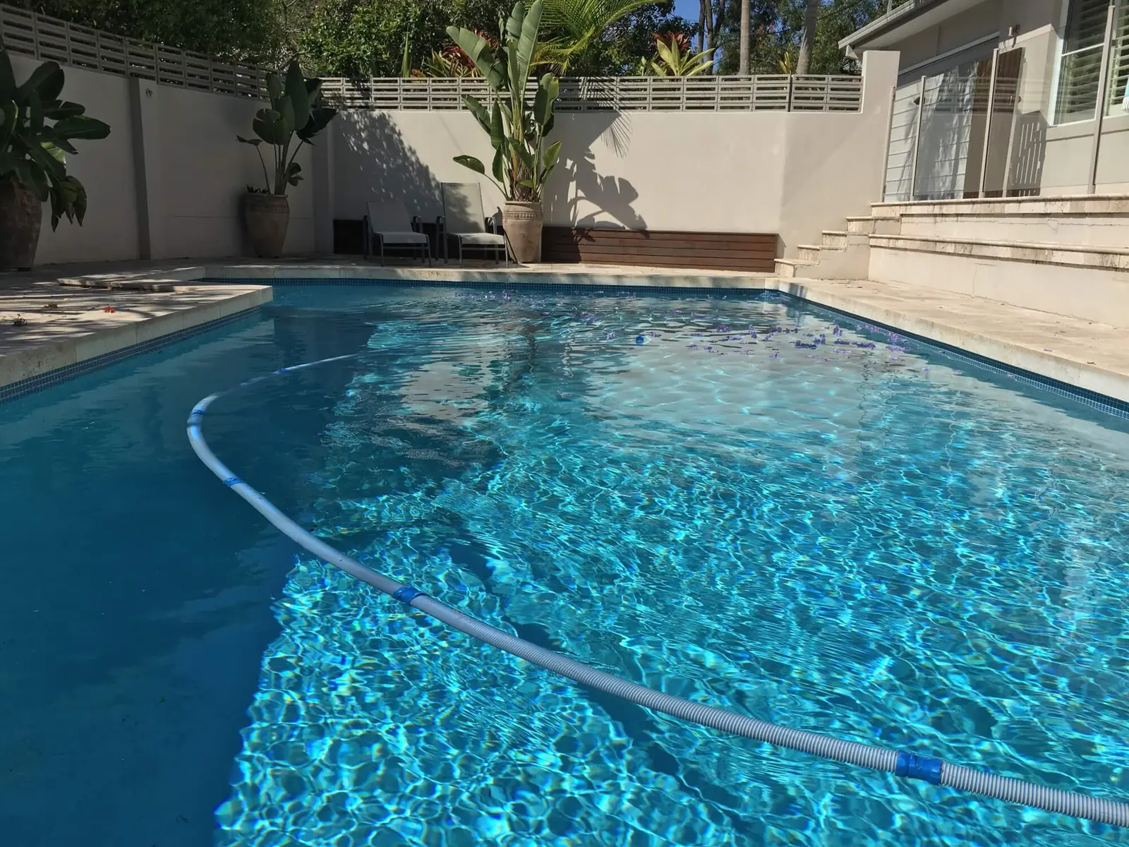 Clear pool with automatic cleaner hose and garden terrace
