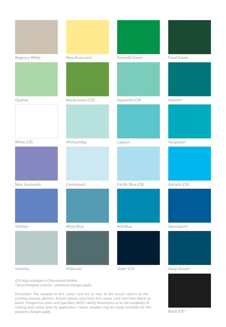Luxapool colour chart showing the available pool paint colours